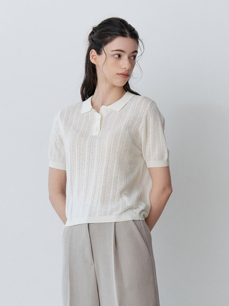 LE STUDIO Short Sleeve Collared Cloche Knit (Cr)