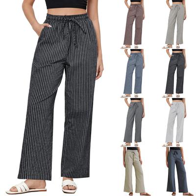 Полосатые брюки для женщин с высокой талией и широкими штанинами из хлопка и льна, модные пляжные, на резинке, повседневные летящие брюки