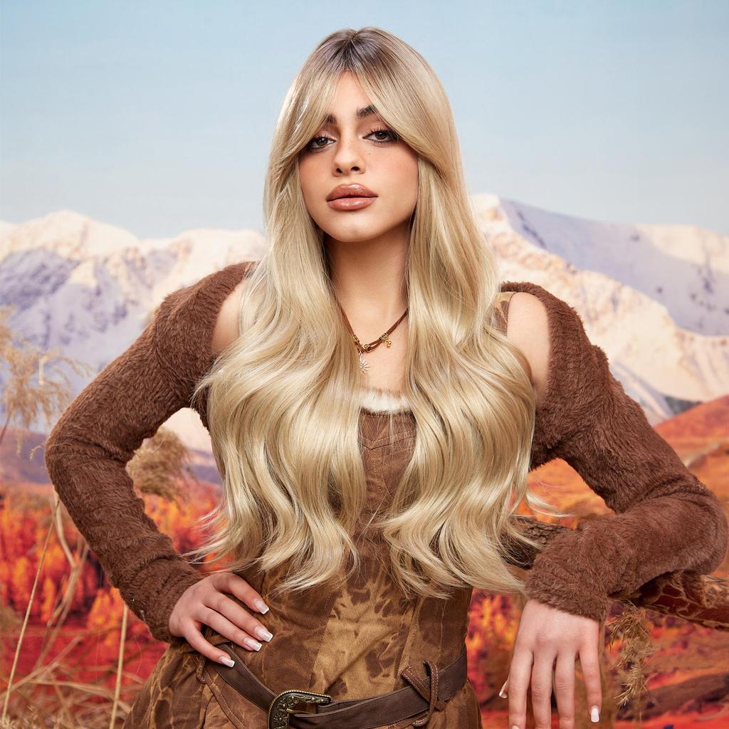 Synthetic Long Wavy Curly Ombre Blonde Color Wig Hair with Side Bang for Women Ladies Heat Resistant Party Daily Hair