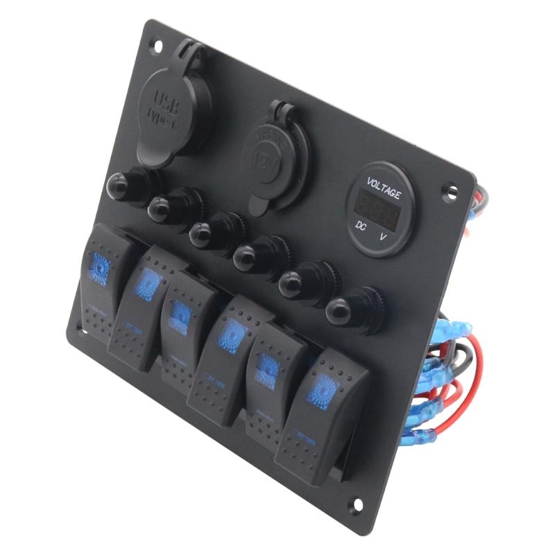 Professional 6 Buttons Switches Panel with Digital Voltmeter Tester & USB Charging Plastic Perfect for Marine Boat Truck