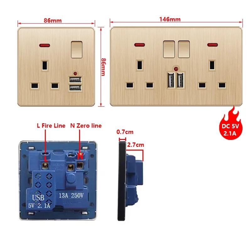 Depoguye Gold 13A UK Plug USB настенная розетка, универсальная розетка на 10 отверстий с выключателем электрическая настенная розетка с USB зарядным устройством