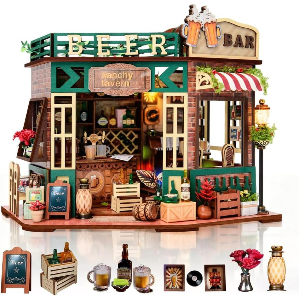 DIY Wooden Miniature House & Book Nook Kits,Bistro Modern Styles Doll House with LED Lights,Furniture,Beginner-Friendly for Adults & Teens,for Lovers