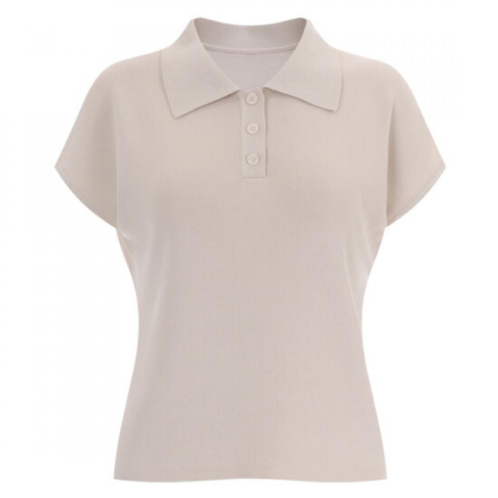 Shop Women Collar Neck BuTTon Half Open Cap Sleeve KniT T shirT Beige Bom Wkn