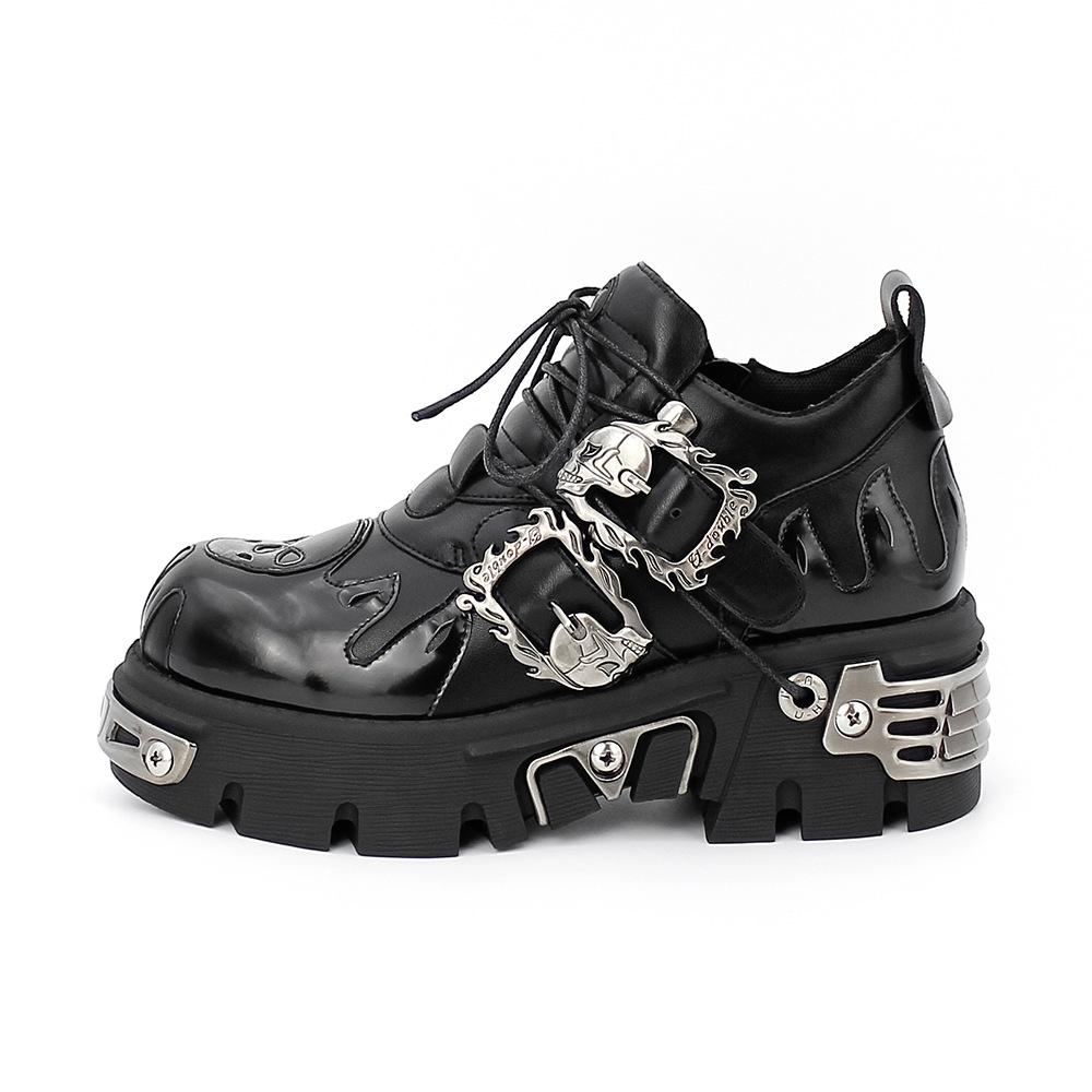 Retro Rock Shoes for Women New Dark Punk Leather Shoes Metal Niche Low Top Chunky Heels Women's Platform Motorcycle Short Boots