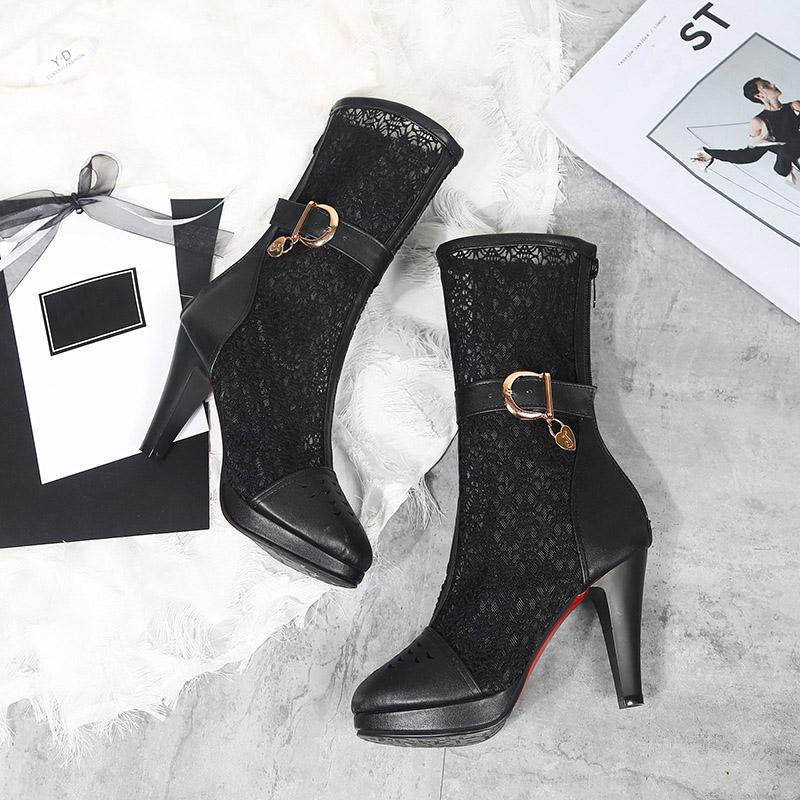 Q/женские короткие сапоги на высоком каблуке, сексуальная водонепроницаемая платформа, большие классные ботинки на тонком каблуке с полыми отверстиями