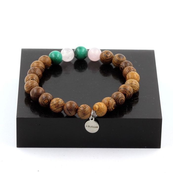 Stones and Minerals. Malachite Beads Bracelet from Congo + Rose Quartz + Wood 8 Mm. Made In France.