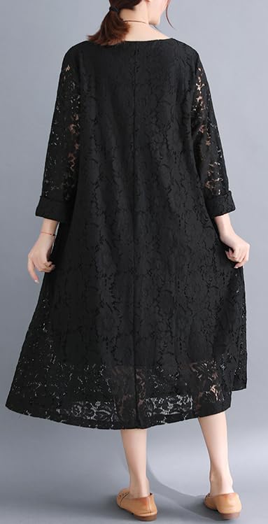 Hanmall Black Lace Long 7 Plus Loose Perfect for and Round Long Flare Fashion Dress, Sleeve, Colors, Women's, Sizes, Figure-Flattering, Casual, Fit,