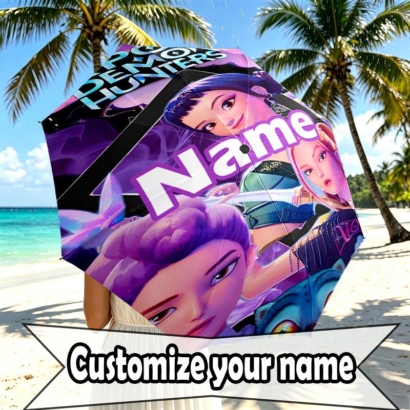 Custom Name Personalized KPop Hunters Print Umbrella, Auto Open Close, 8‑Rib Sturdy Frame, Commute Camping Hiking Use, Birthday Gift