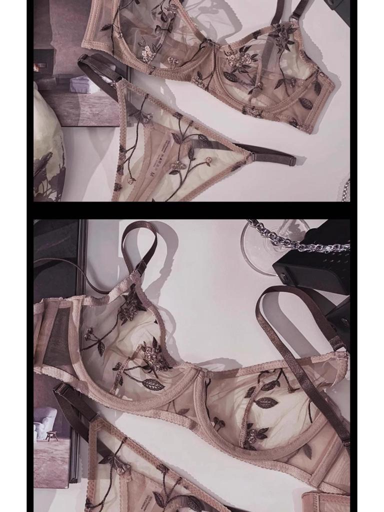 Сексуальный комплект бюстгальтера с французским кружевом и вышивкой: Прозрачный дизайн для похудения для большой или маленькой груди, уменьшает боковой жир, ультратонкий собирающий эффект