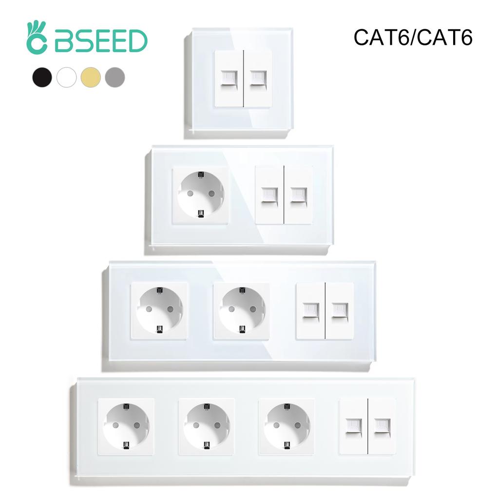 BSEED Двойная интернет-розетка CAT6 Настенная розетка Плюс EU Розетки питания Плюс Сетевой PC Data Компьютерный Коннектор Розетки Стеклянная Панель