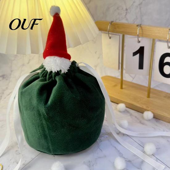 Fabric Drawstring Bags for Gifts Christmas Gift with Santa Hat, Reusable Velvet Xmas Goodie Sacks, Festive Eve Treat Pouches Candy Apple Pouch Giving,