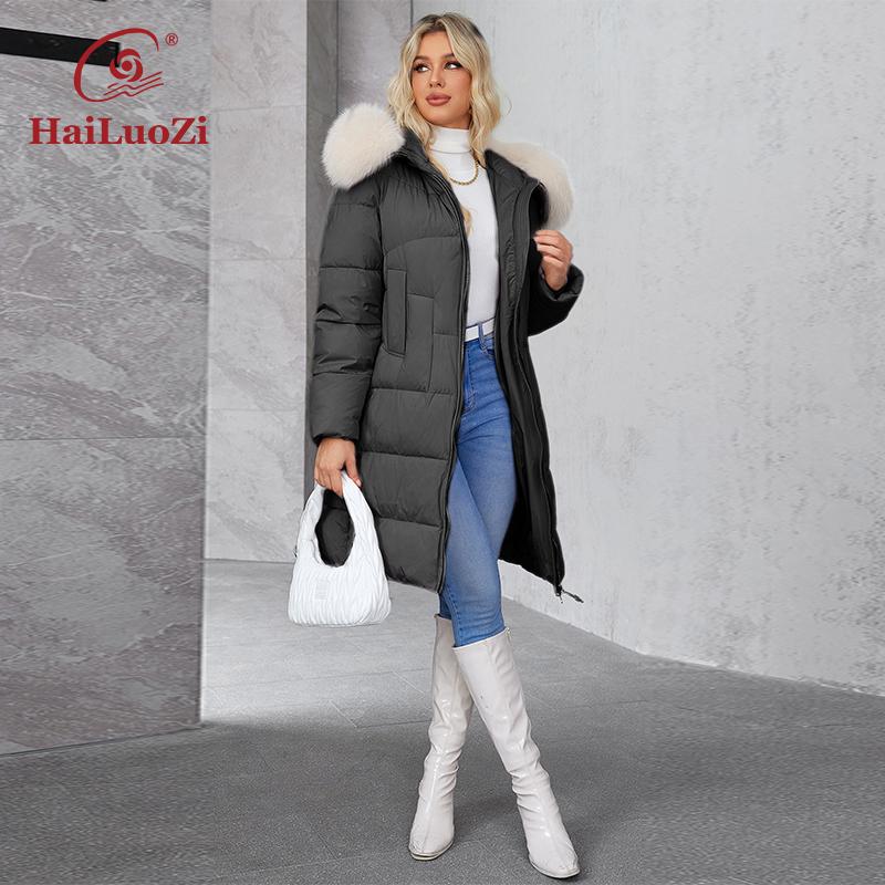 HaiLuoZi 2024 Новое женское зимнее пальто с натуральным меховым воротником Теплое женское пальто Модная женская куртка 1325