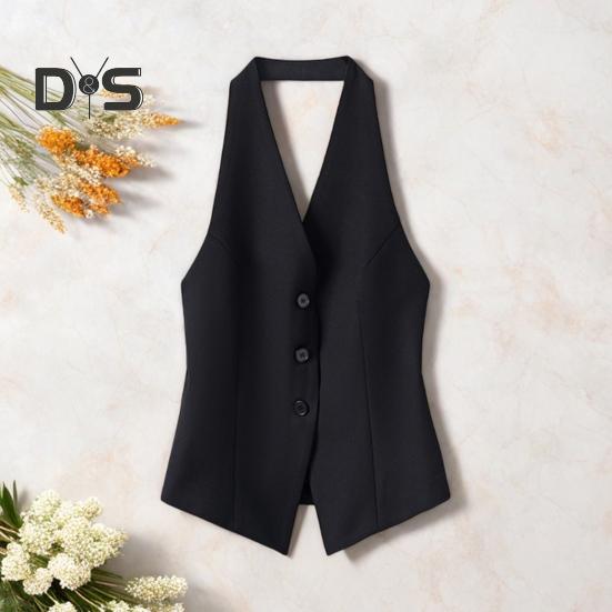 Женский жилет с V-образным вырезом на шее, пиджак на пуговицах с открытой спиной, укороченный жилет без рукавов, винтажный нарядный жилет