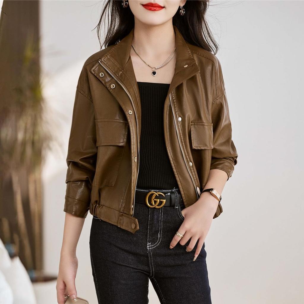 Red Short Soft Leather Jacket for Women Spring Autumn Loose Fit Casual Coat Petite Size
