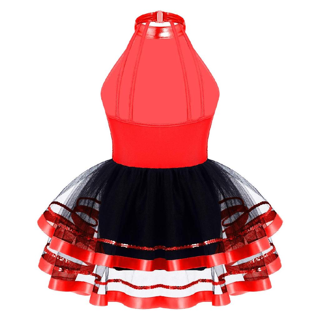 Kids Girls Sequins Halter Ballet Dance Tutu Dress Gymnastics Modern Latin Jazz Dancing Costume