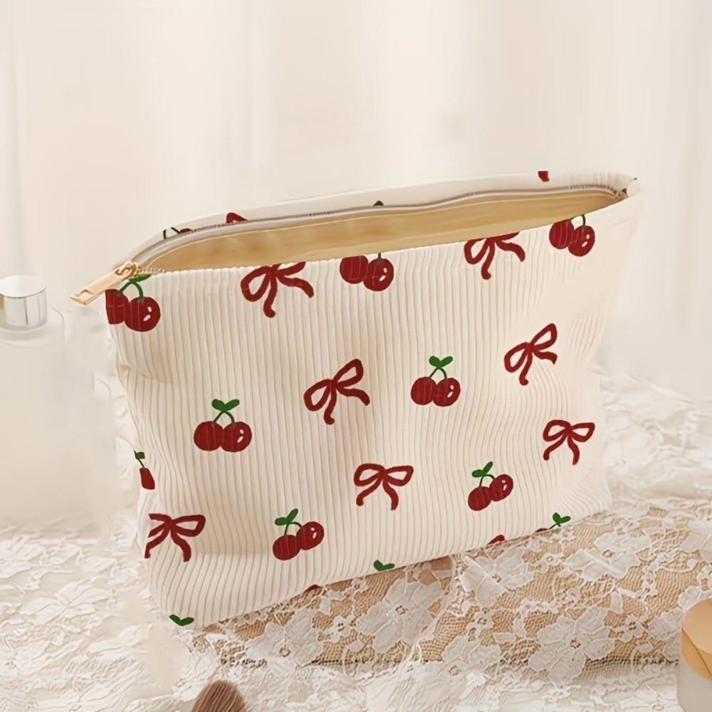 Pink Bow Corduroy Makeup Bag Cherry Corduroy Cosmetic Pouch Makeup Organizer Toiletrie Accessories