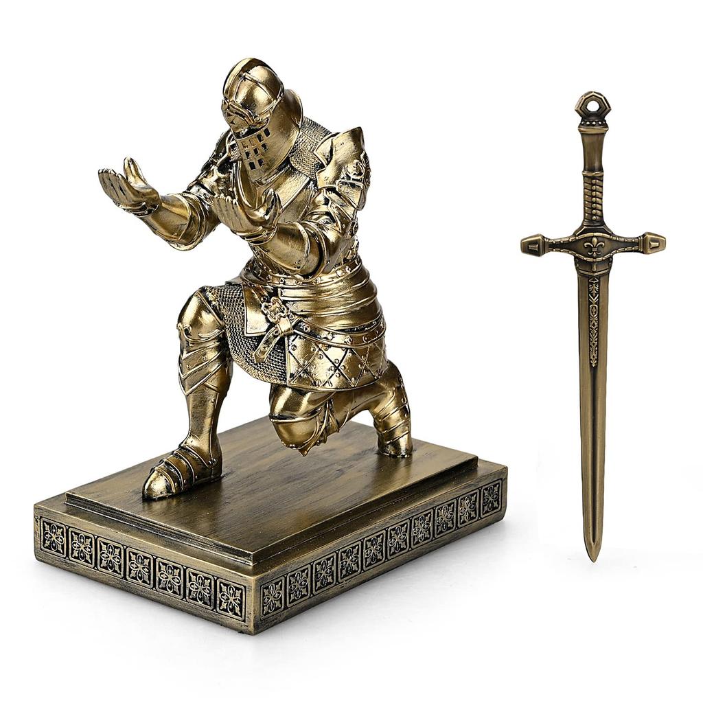 HDMbigmi Kingsguard Knight Pen Holder Pen Stand Desk Organizer and Accessories Resin Pencil Holder with Metal Sword Letter Opener for Office and Home