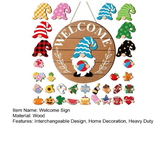 1 Set Interchangeable Wooden Welcome Sign with Seasonal Hat Accessories Gnome Highland Cow Hanging Front Door Sign Home Office Holiday Decoration