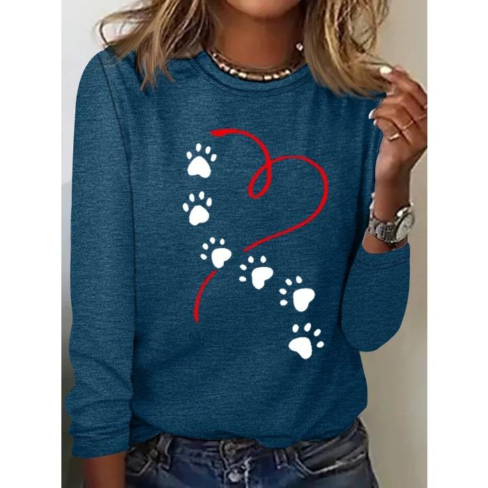 Round Neck 3D Printed Love Cat Footprint Pattern Top Fashionable Casual Long Sleeved Women's T-shirts