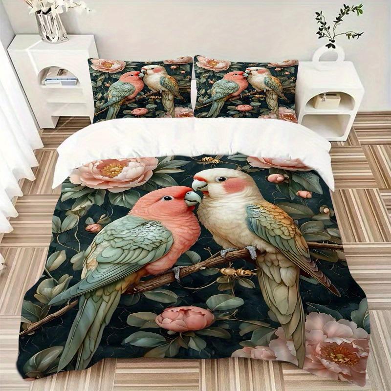 3pcs Parrot Floral Bedding Cover Set, Fashion Classic Popular Print Bedding Set, Soft Comfortable, All - Season Use, For Bedroom103