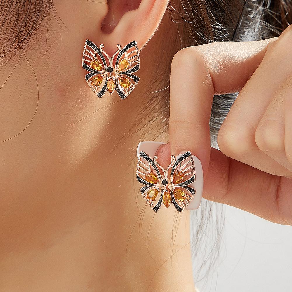 Необычный серебряный комплект ювелирных изделий в стиле бабочки, серьги, кольцо, натуральный цитрин, драгоценный камень, легкие роскошные украшения для девочек на день рождения