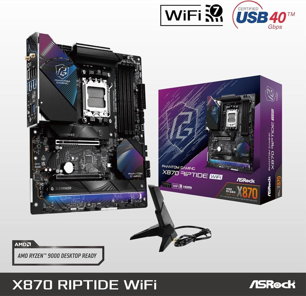 Материнская плата ASRock X870 Riptide WiFi AMD Ryzen 9000 Series CPU Совместимый чипсет X870 Материнская плата ATX Авторизованный дистрибьютор (Сокет AM5) [Одомашненный