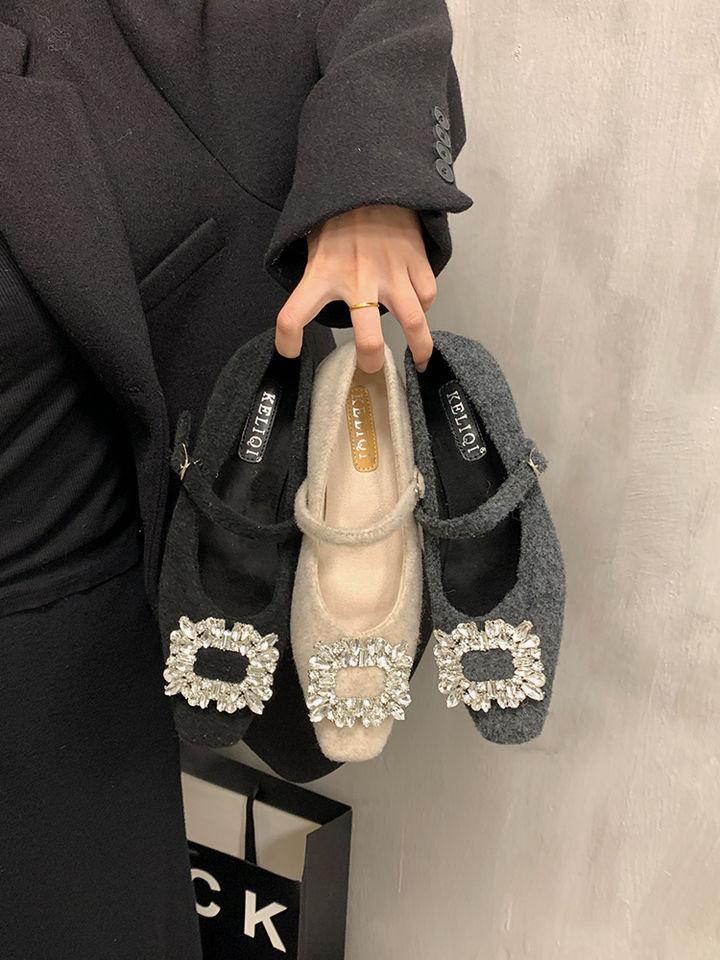 Французские туфли Мэри Джейн с квадратным носком и стразами, зимняя новая модная ниша Jue Jue Zi, на низком каблуке, с бархатом