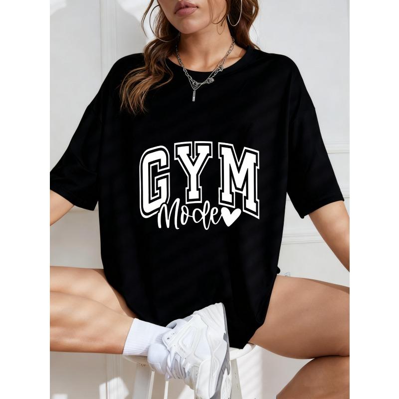 Винтажная черная оверсайз футболка с надписью в американском стиле "GYM Mode" + Принт в виде сердца – Спортивный яркий топ