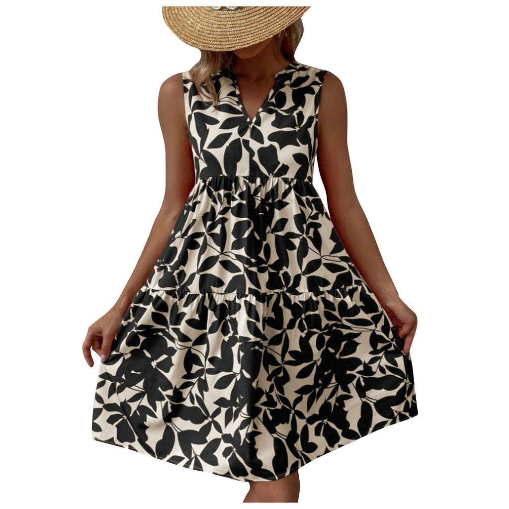 Женские платья Платья без рукавов для женщин с v-образным вырезом и цветочным принтом, повседневные свободные летние женские платья
