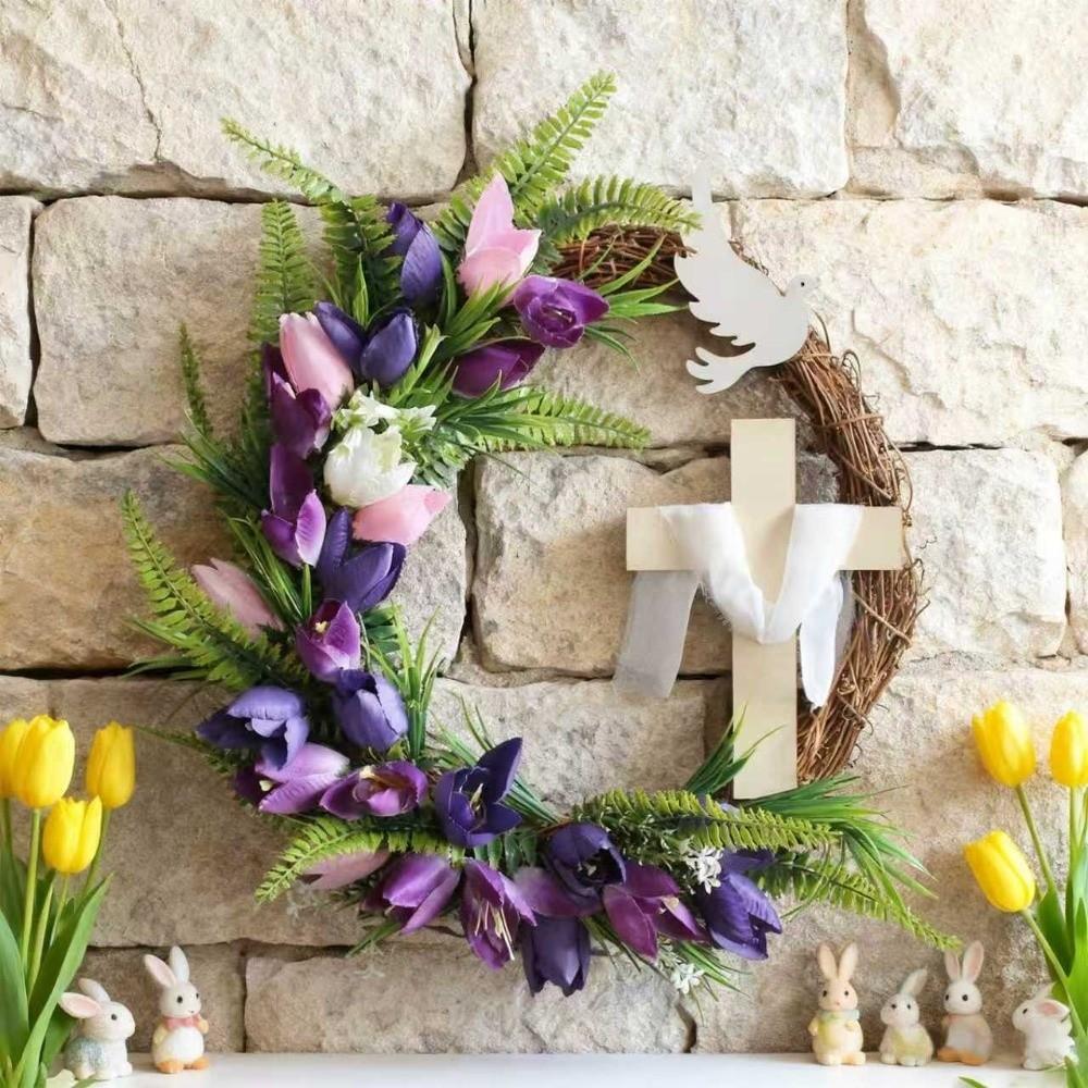 Faux Flowers Easter Tulip Cross Wreath Colorful Design Handmade Rattan Ring Garland Artificial Front Door Hanging Garlands