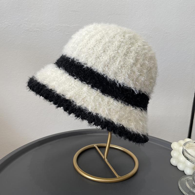 Полосатая осенне-зимняя шапка однотонная маленькая шапка в стиле ретро, универсальная, модная, плюшевая вязаная шапка, шляпа-ведро