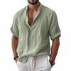 Мужская повседневная летняя рубашка-henley с коротким рукавом и воротником-стойкой, мятая текстура