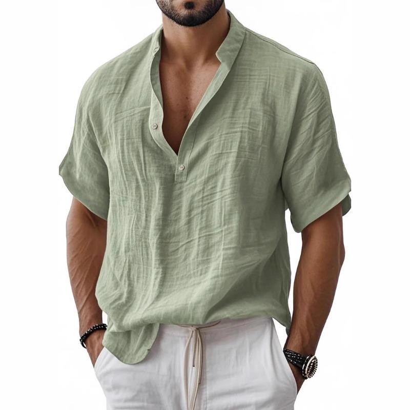 Мужская повседневная летняя рубашка-henley с коротким рукавом и воротником-стойкой, мятая текстура