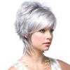 European and American Middle Aged and Older Women Front Lace Heat Resistant Daily Use Natuarl Looking Short Straight Silver Gray Wig with Side Bangs