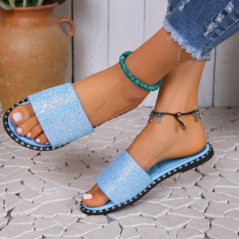 Женские шлепанцы с кристаллами, женские блестящие туфли на плоской подошве, женская модная уличная пляжная обувь, женская обувь, женские летние шлепанцы, большие размеры 36-43