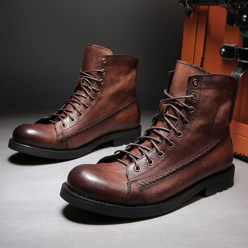 Men's Vintage Riding Biker Boots Casual Work Motorcycle Boots Lightweight Combat Ankle Dress Booties for Men Non-Slip Lace-Up Retro Chukka Boots Shoes