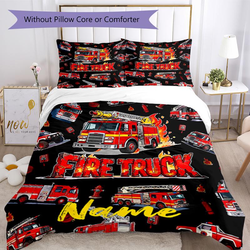 3pcs Custom Name fire truck Bedding Set Duvet Cover Closure Includes 1 Duvet Cover & 2 Pillowcases, Soft and Comfortable for All Seasons.