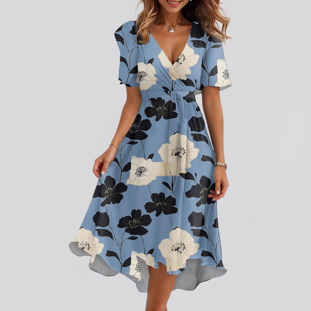 Женское свободное повседневное платье с V-образным вырезом, расклешенная юбка, короткие рукава, напечатанное платье с принтом