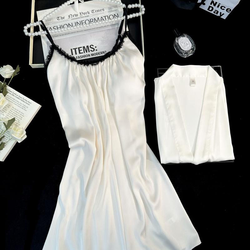 Solid color temperament female sexy pure desire wind lace suspender nightdress robe summer with chest pad loungewear girls French
