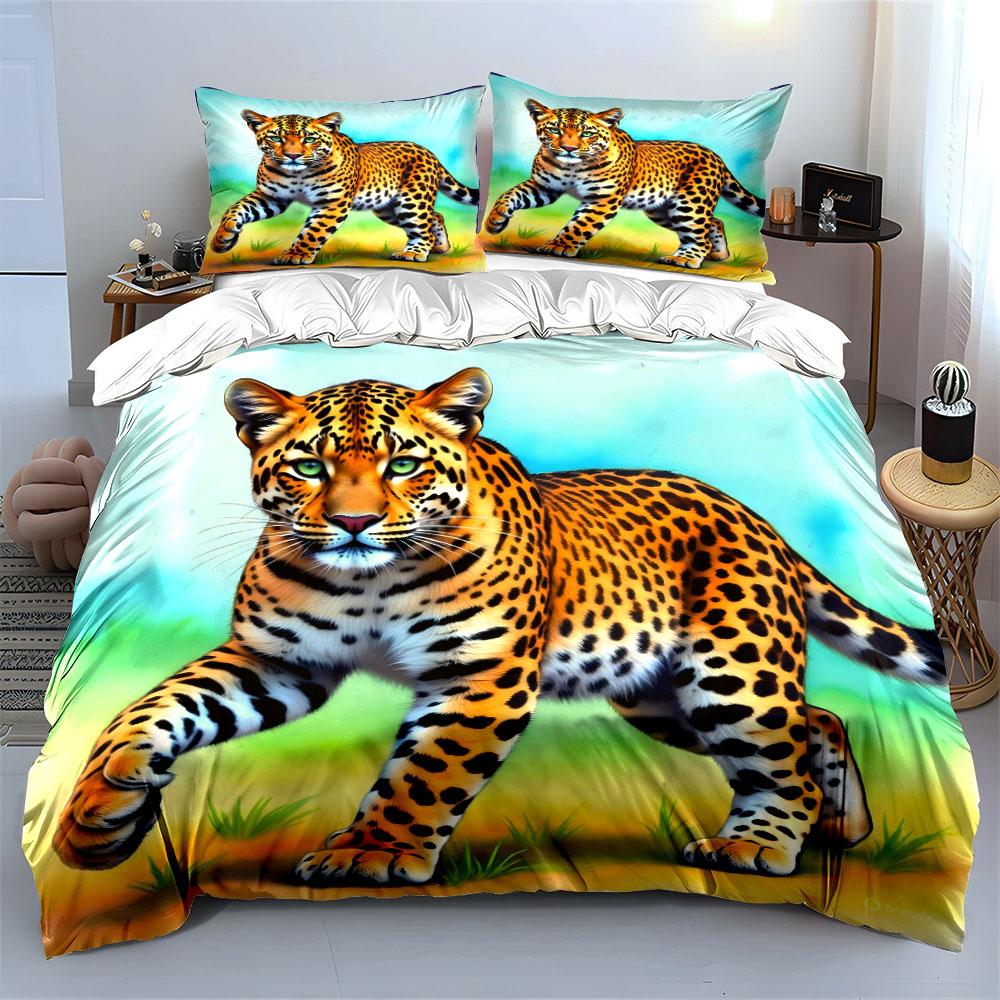 Leopard walking on grass. Bedding sets Duvet cover sets Duvet covers Pillowcases(1*Duvet Cover 2*Pillowcases without duvet insert)