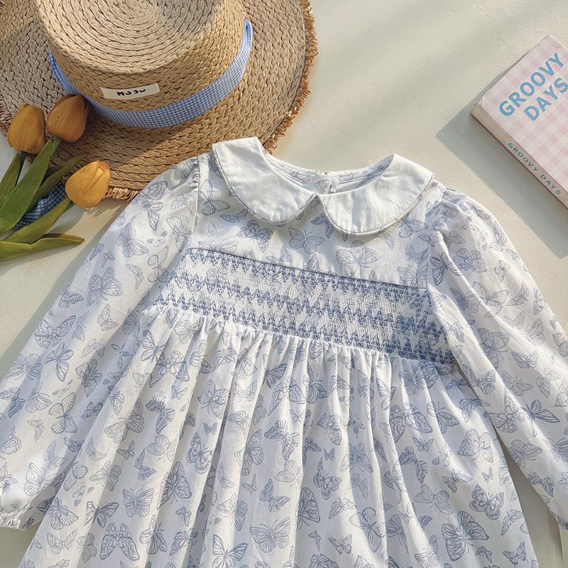 Spring Girls Butterfly Print Long Sleeve Dress Peter Pan Collar Shirred Elegant Kids Clothing