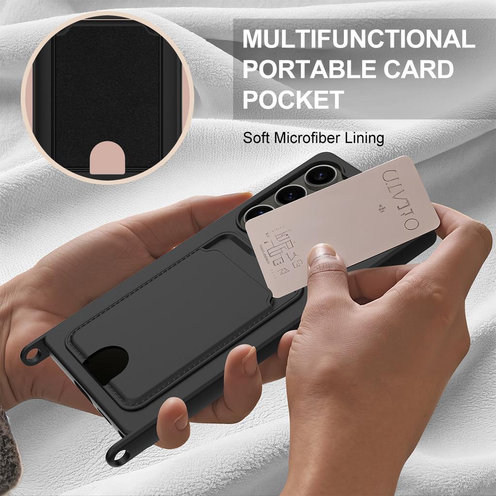 For Samsung Galaxy S24 Ultra Case Liquid Silicone Card Holder Phone Back Cover with Short Strap