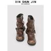 Autumn New Western Cowboy Boots Women'S Pleated Stacked Martin Boots Black Retro Fashion Thick Heel Trouser Boots