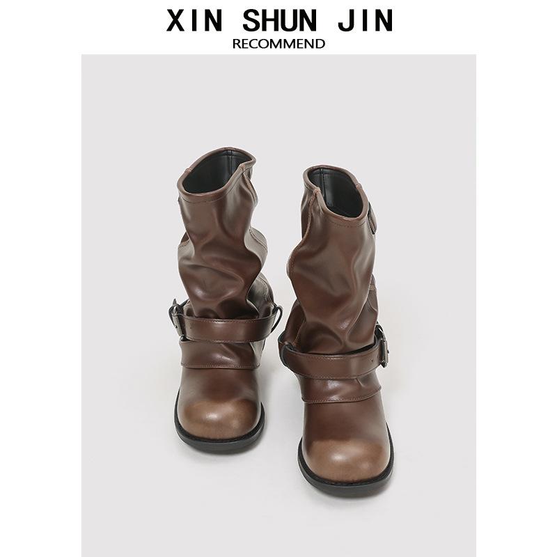Autumn New Western Cowboy Boots Women'S Pleated Stacked Martin Boots Black Retro Fashion Thick Heel Trouser Boots