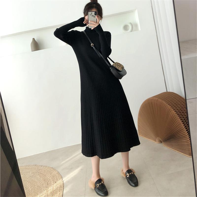 Элегантное теплое женское платье-свитер трапециевидной формы с воротником-полуводолазкой с длинным рукавом и тонкой талией, женские трикотажные платья до середины икры, осенние платья