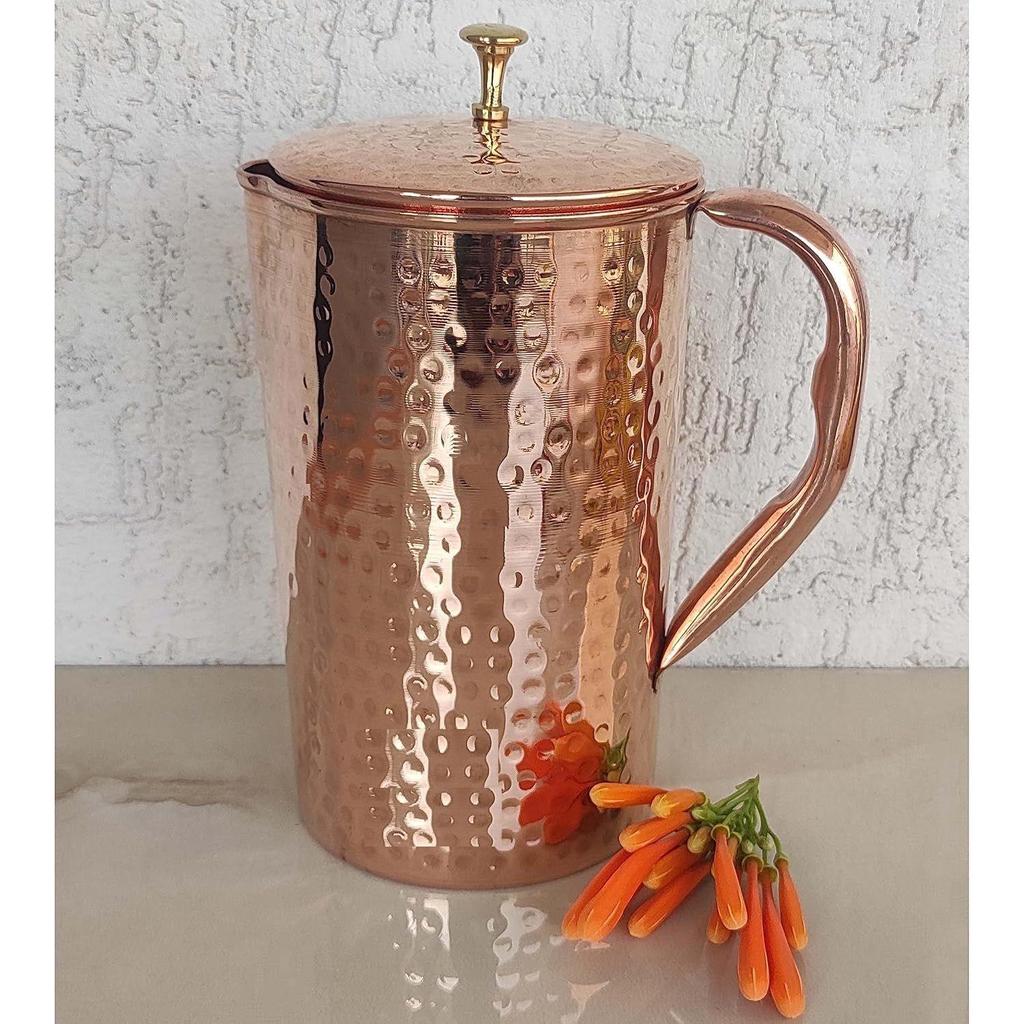 Pure Copper Jug with Lid | Handcrafted Hammered Design | Ayurvedic Water Pitcher for Health Benefits | 1.9 Litre Capacity