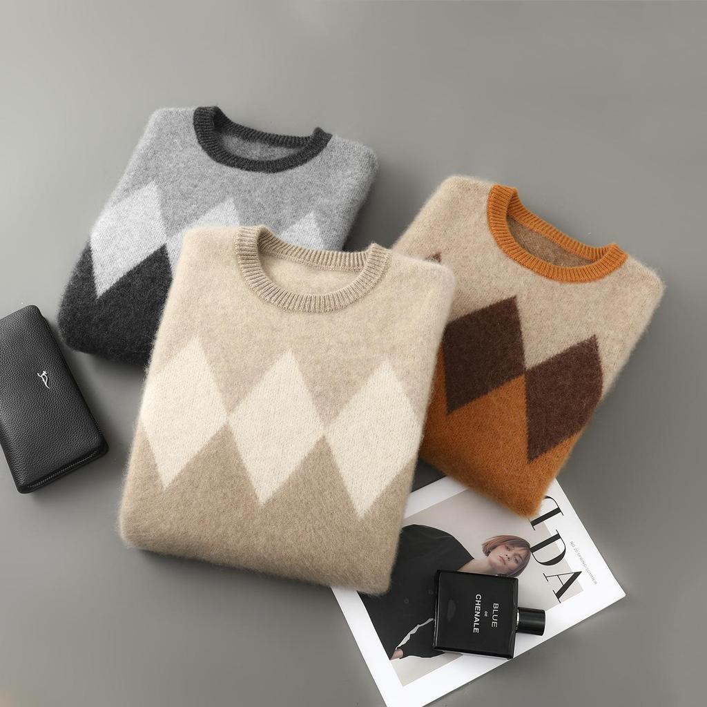 Men's Color Block Wool Sweater: Round Neck, Thick, Simple Design, 100% Pure Cashmere, Perfect for Autumn/Winter.