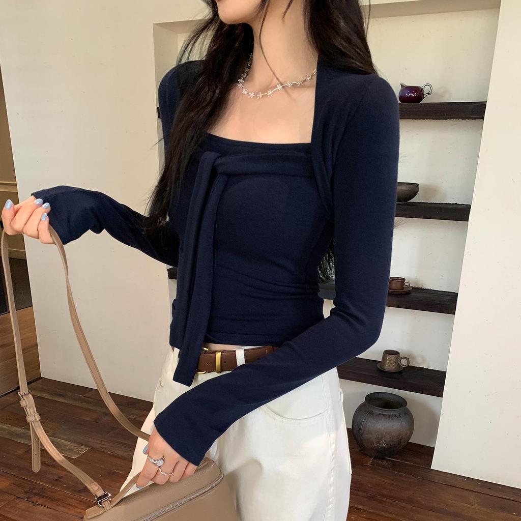Chic Square Neck Lace-Up Slim Fit Short Top for Women - Autumn/Winter Fashion