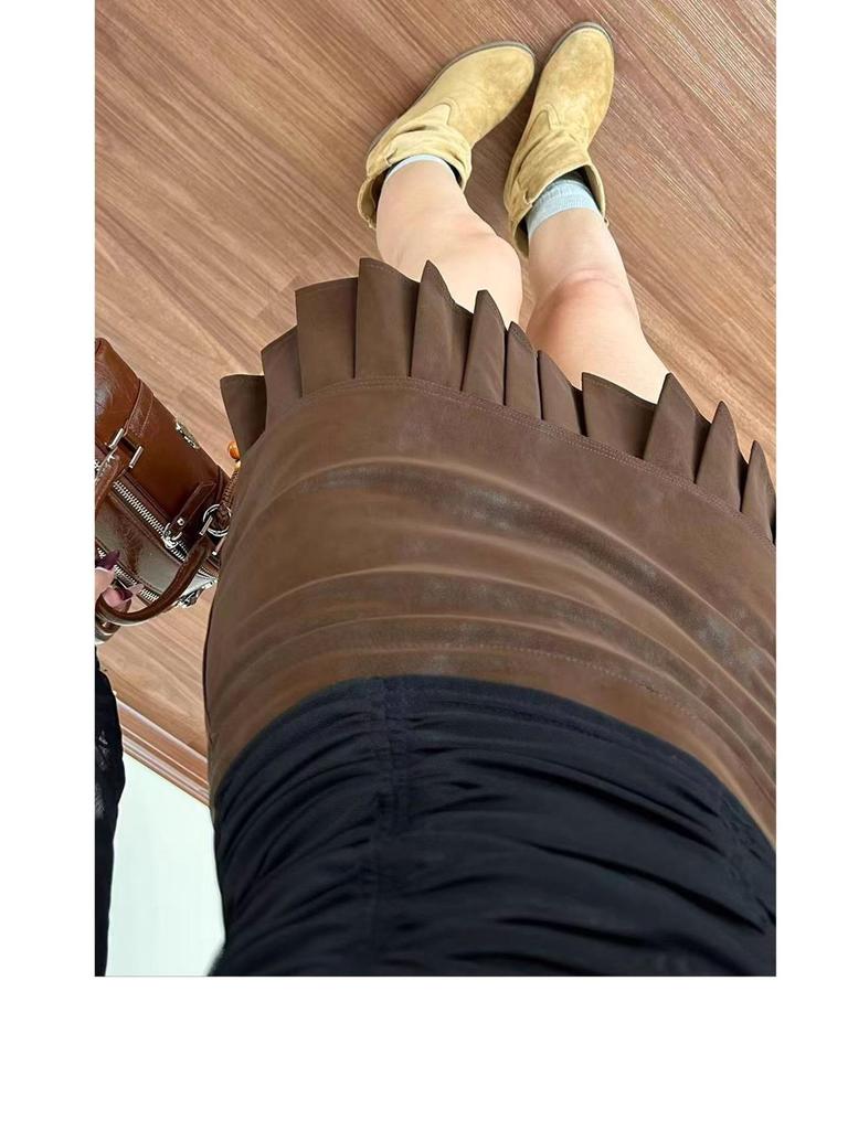 Autumn/Winter High-End Suede Pleated Coffee A-Line Short Skirt for Plus Size Women