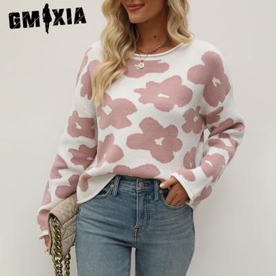 Женская мода повседневный цветочный принт осень зима длинный рукав O-образный вырез свободные свитера